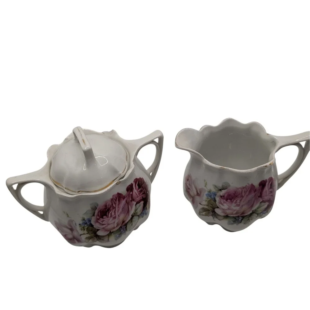 Vintage Cream and Lidded Sugar Set Floral Rose Scalloped Germany Mid Century SEE